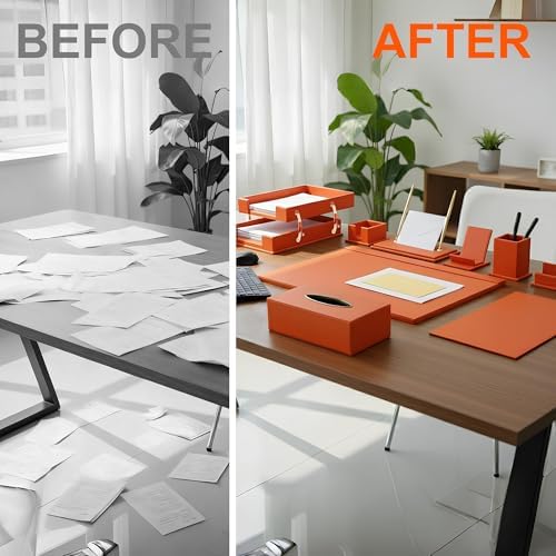 Luxury Executive Leather Desk Organizer Set –13-Piece Office Desk Accessories with Desk Pad, Letter Tray, Phone Stand, Pen Holder & Coasters – Professional Office Desk Decor & Gift (Orange)