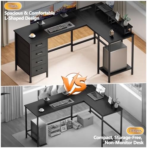 Korfile 59 inch L Shaped Computer Desk with Power Outlets, Black