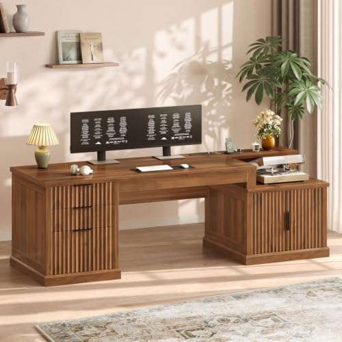 SEDETA 70.9" Executive Desk, Fluted Office Desk with Drawers, Fluted Brown