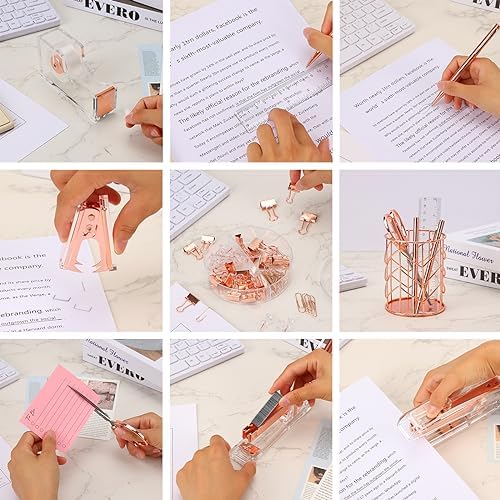 EOOUT Rose Gold Desk Accessories, Office Supplies and Accessories Set, Acrylic Stapler Set, Staple Remover, Phone Holder, Pen Holder, Scissor, Ruler, Transparent Tape