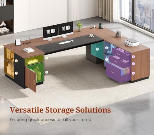UPOSOJA 78.7" L Shaped Executive Desk with Lateral File Cabinet, Extra Large Office Desk with Drawers & Power Outlets, Modern Corner Computer Desk with Storage Shelves, Business Furniture, Walnut