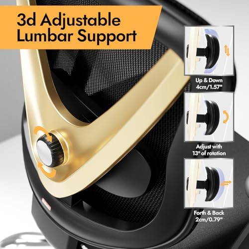 HOLLUDLE Ergonomic Mesh Office Chair - 3D Adjustable Lumbar Support & 3D Armrests, V-Shaped Back, Adjustable Desk Chair for Office & Home, Black and Gold
