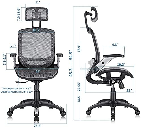 GABRYLLY Ergonomic Office Chair, High Back Home Desk Chair with Headrest, Flip-Up Arms, 90-120° Tilt Lock and Wide Cushion, Big and Tall Mesh Chairs for Man Woman, Grey Task Chair