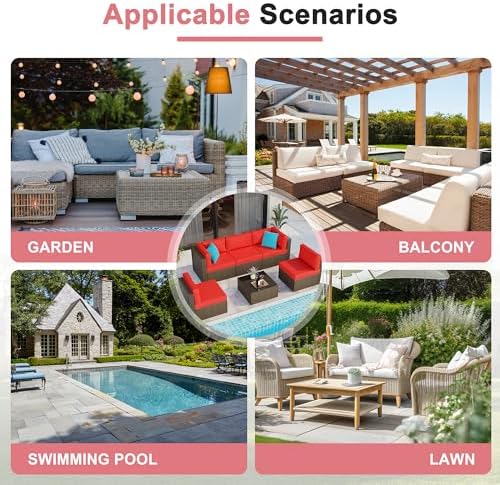 6 Pieces Patio Furniture Set Outdoor Couch Wicker Sectional Sofa, Red