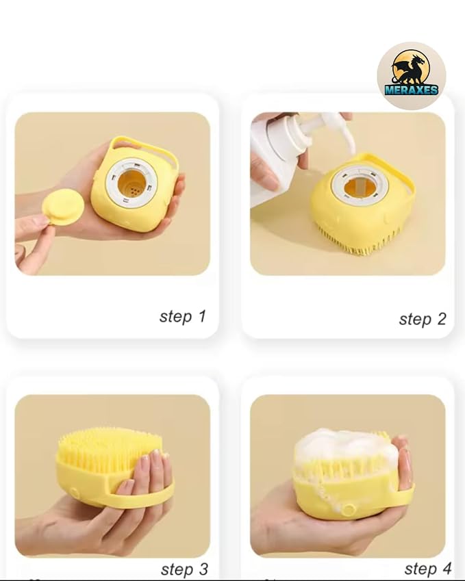 MERAXES Pet Grooming Bath Brush with Soap Dispenser – Soft Silicone Massage Bristles for Dogs & Cats, Gentle Deshedding & Deep Cleaning for Long or Short Hair – Yellow