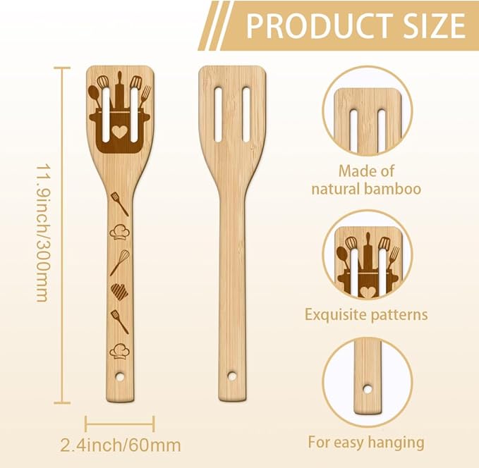 GLOBLELAND 6Pcs Kitchen Bamboo Cooking Utensils Wooden Engraved Cooking Spoons Set Carving Kitchen Bamboo Spatula Set for Women and Men Wood Cooking Spoon for Kitchen House Warming Gift