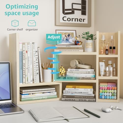 NUTIKAS Desk Shelves Desktop Organizer Shlef - Natural Wood Tone Office Organization for Top of Desk Organizers and Accessories Corner Bookshelf Table Top Shelving Small Hutch Decorations for Office