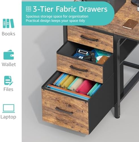 Lufeiya Computer Desk with Fabric File Drawers Cabinet, 55 Inch Reversible Home Office Desks with Filing Cabinet for Small Space, Study Writing Table PC Desks with Storage for Bedroom, Rustic Brown