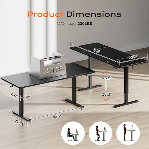 Huuger 63 x 28 Large Electric Standing Desk, Height Adjustable Computer Desk, 27.6" Deep Desktop, Stand up Gaming Office Table with 2 Hooks, 3 Preset Heights, for Home Office, Black