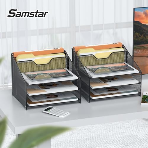 Samstar 2 Pack Mesh Desk File Organizer Letter Tray Holder, Desktop File Folder Holder with 3 Paper Trays and 2 Vertical Upright Section, Black