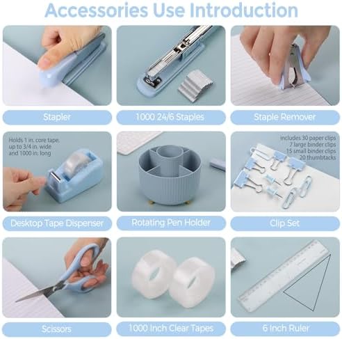 SKYDUE Blue Desk Accessories 11Pcs with Rotating Pen Holder for Desk