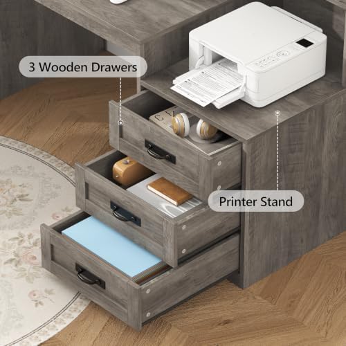 65" Farmhouse Computer Desk with Drawers and Printer Stand for Home Office