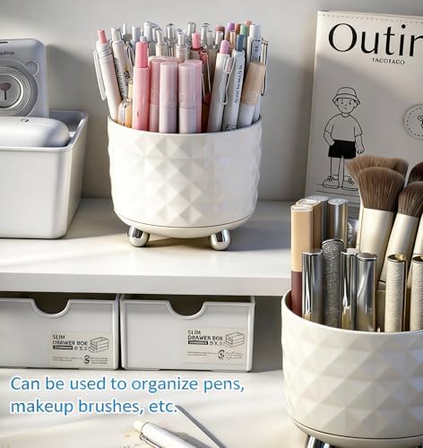 GOTOBA 360° Rotating Pencil Holder for Desk, Makeup Brush Holder with 6 Slots, Desk Organizer for Writing Utensil, Office and School Supplies (Milky White)