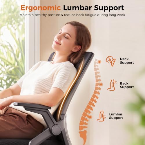 GTPLAYER Ergonomic Office Chair with Flip-up Armrests Executive Computer Chair for Home Office, Breathable Mesh & Comfy Lumbar Support, Black