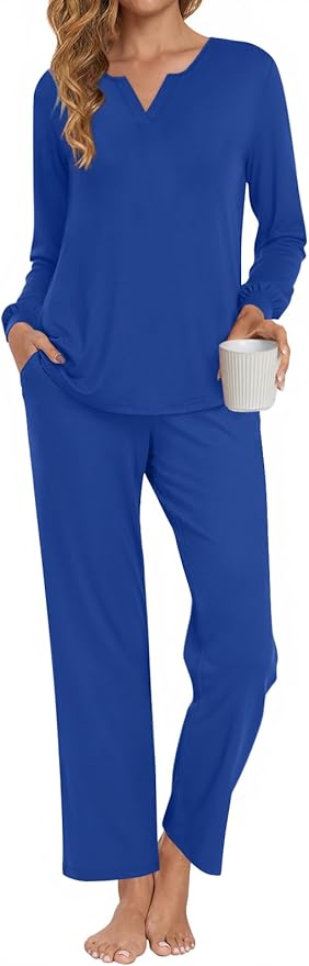 Anyally Women's Plus Size Pajama Sets Ladies Fall Pjs 2 Pieces Lounge Outfits V Neck Long Sleeves Sleepwear with Pockets