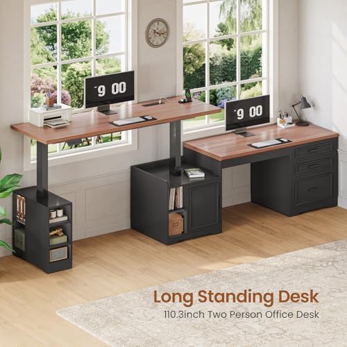 SEDETA Farmhouse L Shaped Electric Standing Desk, 63" x 67" Height Adjustable Office Executive Desk with Drawers and Shelves, Standing Computer Desks with Power Outlet for Home Office, Black+Brown
