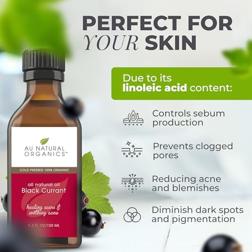Au Natural Organics Black Currant Seed Oil for Eczema – 100% Pure Organic Cold Pressed Liquid GLA for Skin | Support Immune Health, Blood Flow, Tissue Repair | Edible & Hexane Free | 250ml