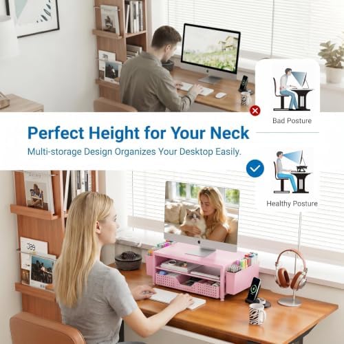 OPNICE Desk Organizers and Accessories, Computer Monitor Stand Riser with Drawer and 2 Pen Holders, Printer & Laptop Stand, Office Desk Accessories & Workspace Organizers for Home Office Supplies, Pink