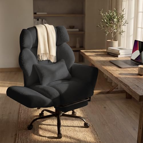 Office Chair with Flip Armrests,Big and Tall Office Chair with Foot Rest,Extra Wide Seat & Lumbar Pillow,Comfy Criss Cross Chair for Pets Sitting,Ergonomic Computer Gaming Chair,Teddy Fleece,Black
