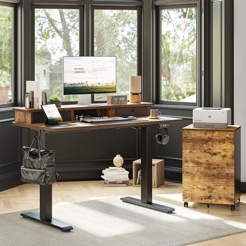 TIQLAB 40 * 24 inch Standing Desk with Two Drawers&Top Shelf, Rustic Brown