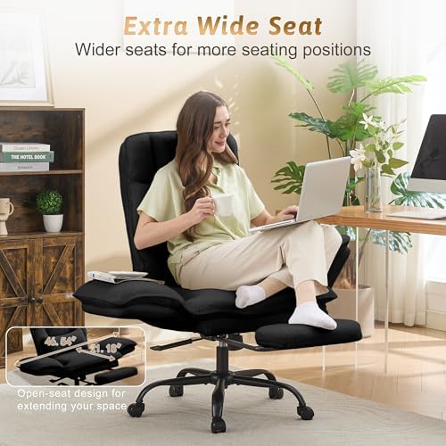 Wider Seat Office Chair with Flip Armrests for Criss Cross Legged&Cats, Big and Tall Executive Ergonomic Reclining Chair with Footrest&Lumbar Pillow, Teddy Fleece Desk Chair,Black Vanity Chair