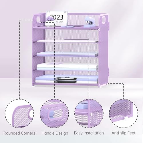 Supeasy 5 Trays Paper Organizer Letter Tray with Handle-Mesh Desk File Holders, Paper Sorter Desk Organizer for Office, Home, Classeoom or School, Purple