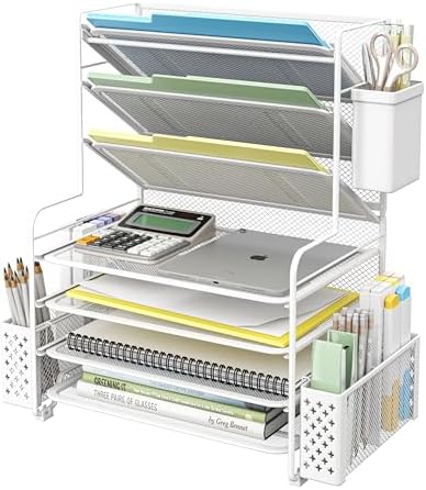 Simple Trending 7 Tier Desk File Organizer, Letter Tray Paper Organizer with Pen Holder and Metal Hanging Basket, White