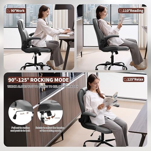 PU Leather Office Chair Swivel Lumbar Support for Short People Grey