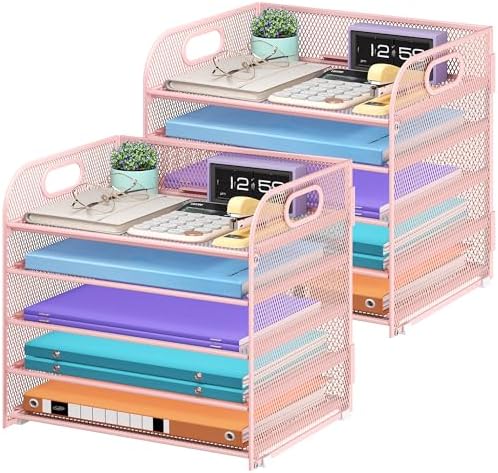 Cawukege 2 Pack 5 Tier Paper Organizer, Letter Tray with Handle, Mesh Desk Organizer, Metal File Organizer, Office Desk Accessories for Home, Office, Classroom, School (Pink, 2)