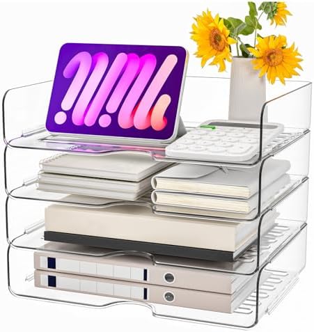 Paper Organizer Letter Tray, 4-Pack Acrylic File Organizer, Clear