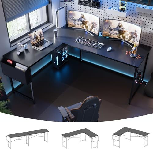 Pamray 64.5 Inch Reversible L Shaped Gaming Desk Large Corner Computer Desk with Storage Bag Home Office Table for Writing Study Black