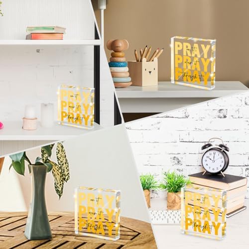 Yellow Dorm Room Decor for Women, Yellow Bathroom Decoration, Ideal Christian Gifts for Women - Pray On It,Pray Over It - Bible Verse Desk Art, Inspirational Decor, Desk Decorations for Office, 4 x 4 inches