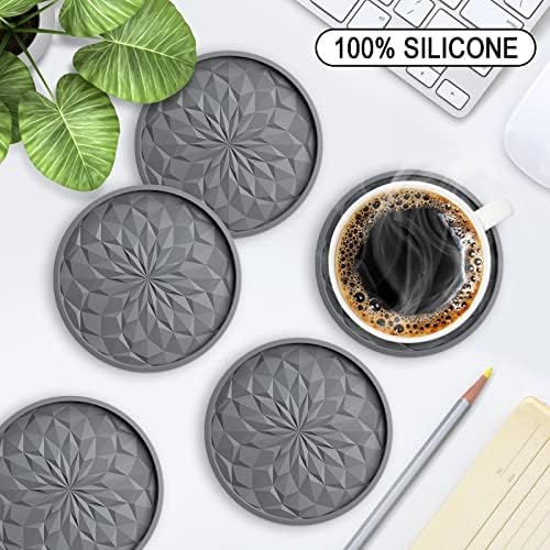 ME.FAN Silicone Coasters with Holder,[6 Pack] Drinking Coasters - Cup Mat for Hot or Cold Drinks, Thickened, Non-Slip, Non-stick,Deep Tray Dark Grey