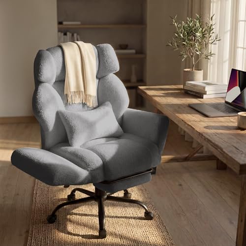 Office Chair with Flip Armrests,Comfy Criss Cross Chair for Pets Sitting,Big and Tall Office Chair with Foot Rest,Extra Wide Seat & Lumbar Pillow,Ergonomic Computer Gaming Chair,Teddy Fleece,Grey