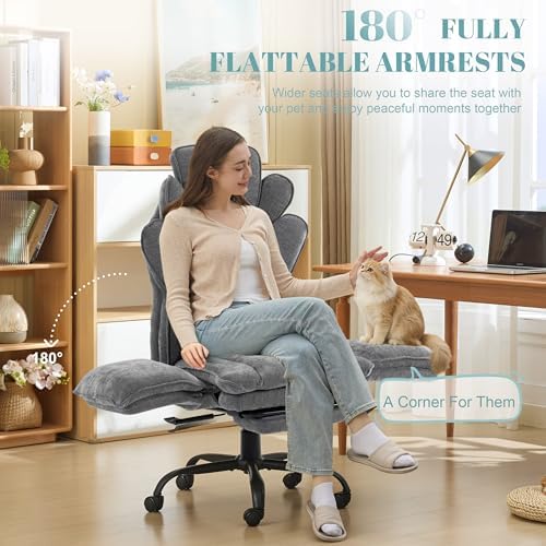 Flip Armrests Criss Cross Office Chair, Reclining Office Chair with Foot Rest, Adjustable Headrest, Massage Waist Pillow, Cross Legged Big and Tall Desk Chair Wide Seat Vanity Chair, Grey Fabric