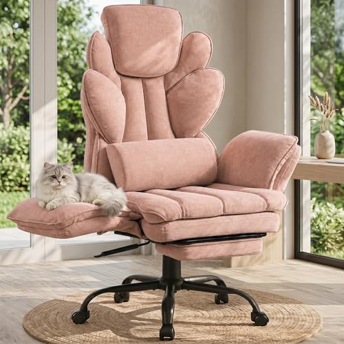 Flip Armrests Criss Cross Office Chair, Reclining Office Chair with Foot Rest, Adjustable Headrest, Massage Waist Pillow, Cross Legged Big and Tall Desk Chair Wide Seat Vanity Chair, Pink Fabric