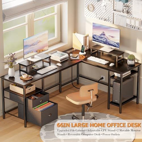 Furologee 66 Inch L Shaped Desk with 2 Drawers and Power Outlet, Black