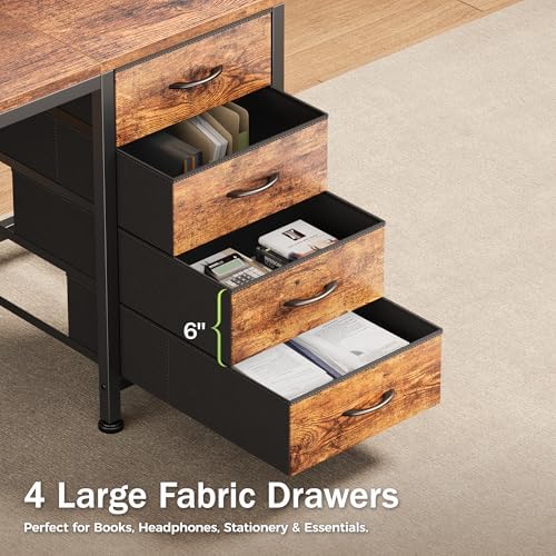 PRAISUN 63 Inch Computer Office Desk with Power Outelts and USB-C Port, Reversible Gaming Desk with 4 Fabric Drawers, Work Study Desk Work from Home, Rustic Brown