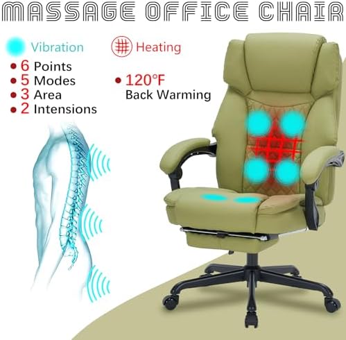 Massage Office Chair with Foot Rest 6 Points Vibration and Heat Home Office Desk Chairs for Heavy People 400lbs Reclining Managerial Chairs Ergonomic Executive Chair (Green)