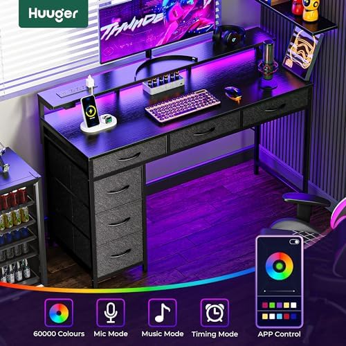 Huuger Gaming Desk with 6 Drawers, Computer Desk with LED Lights Power Outlets and Type-C, 47 Inch Office Desk with Storage, Monitor Stand, Writing Desk Work Desk Home Office, Bedroom, Black