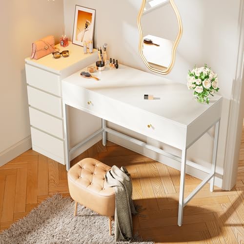 SUPERJARE White Vanity Desk with Drawers, 31.5 inch Computer Desk