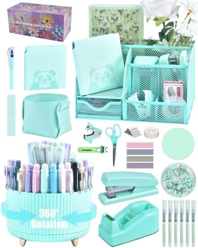 Green Desk Accessories and Organizers with Desk Organizer and 360°Rotating Pen Holder stapler Pen and a Lot of Office Green Office Supplies Beautifully Presented in a Gift Box