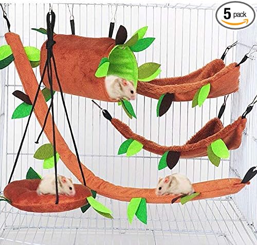 Hamster Hammock 5 Pcs Sugar Glider Nest Hanging Tunnel Swing Jungle | Small Animal Plush Warm Bed, Squirrel Guinea Pig Rat Sleeping Cage Accessories, Soft Fleece Hammock Pet Playing Toy