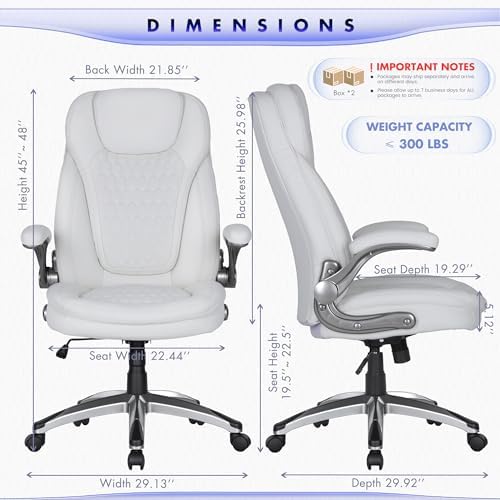 COLAMY High Back Executive Office Chairs Set of 2, Ergonomic PU Leather Desk Chairs with Flip-Up Armrests, Adjustable Height, Lumbar Support, Comfortable Computer Chairs for Home Office, White