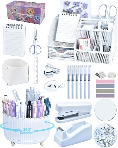 White Desk Accessories and Organizers with Desk Organizer and 360°Rotating Pen Holder stapler Pen and a Lot of Office White Office Supplies Beautifully Presented in a Gift Box
