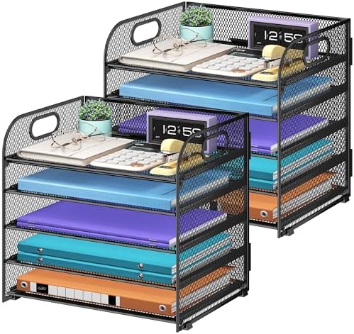 Cawukege 2 Pack 5 Tier Paper Organizer, Letter Tray with Handle, Mesh Desk Organizer, Metal File Organizer, Office Desk Accessories for Home, Office, Classroom, School -Black