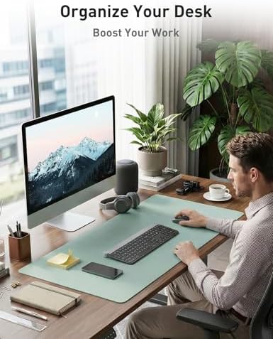 Aothia Faux Leather Desk Mat - Non-Slip PU Leather Desk Blotter, Waterproof Writing Surface, Large Desk Pad for Office & Home (Light Blue, 55" x 17")