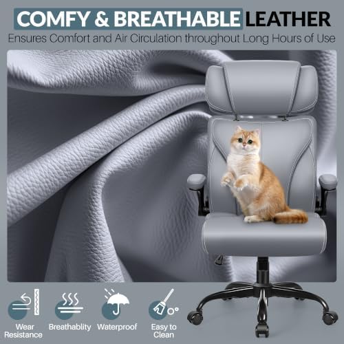 Office Chair, Ergonomic Big and Tall Computer Desk Chair with Retractable Adjustable Headrest, Executive Breathable Leather Chair, Lumbar Support Swivel Flip-up Armrests Rocking Function,Matte Gray