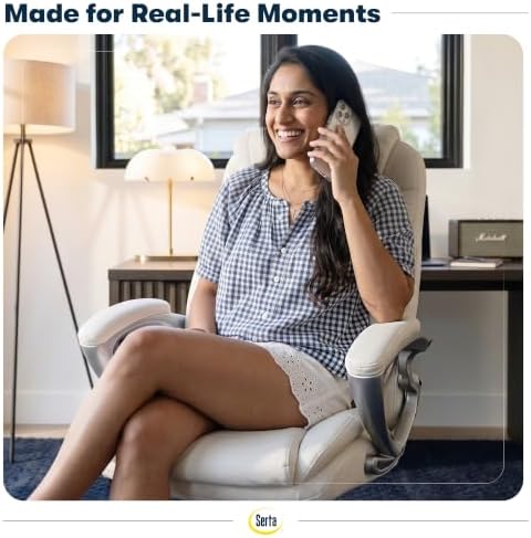 Serta Bryce Executive Office Chair - Ergonomic Computer DeskChair with Lumbar Technology - Adjustable Height - Memory Foam Body Pillows - 360° Swivel Rolling Base - Bonded Leather - Cream