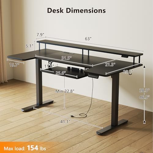OffiGo 63 Inch U Shaped Electric Standing Desk with Keyboard Tray, Black